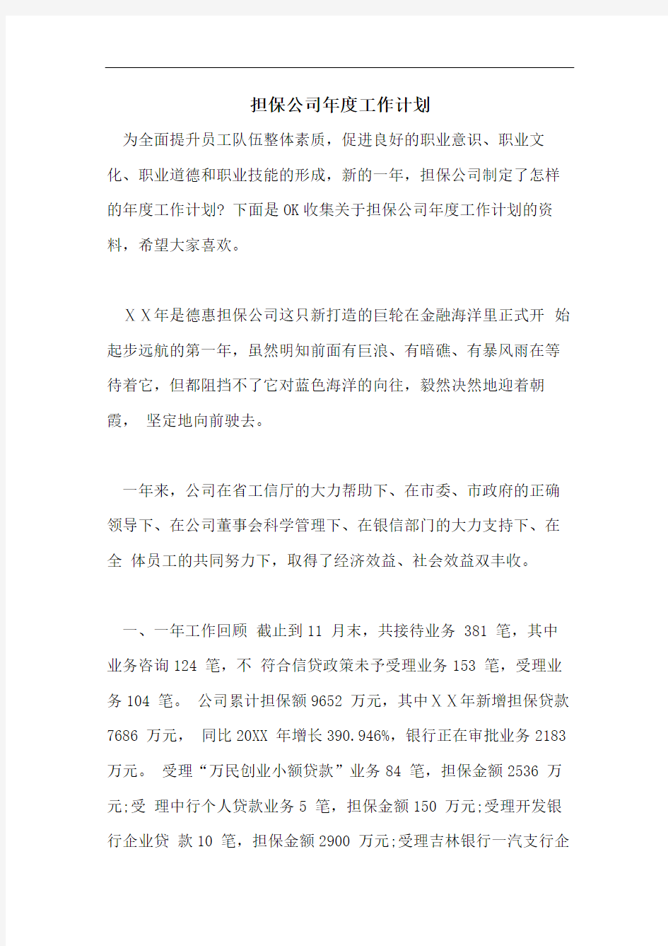 担保公司年度工作计划