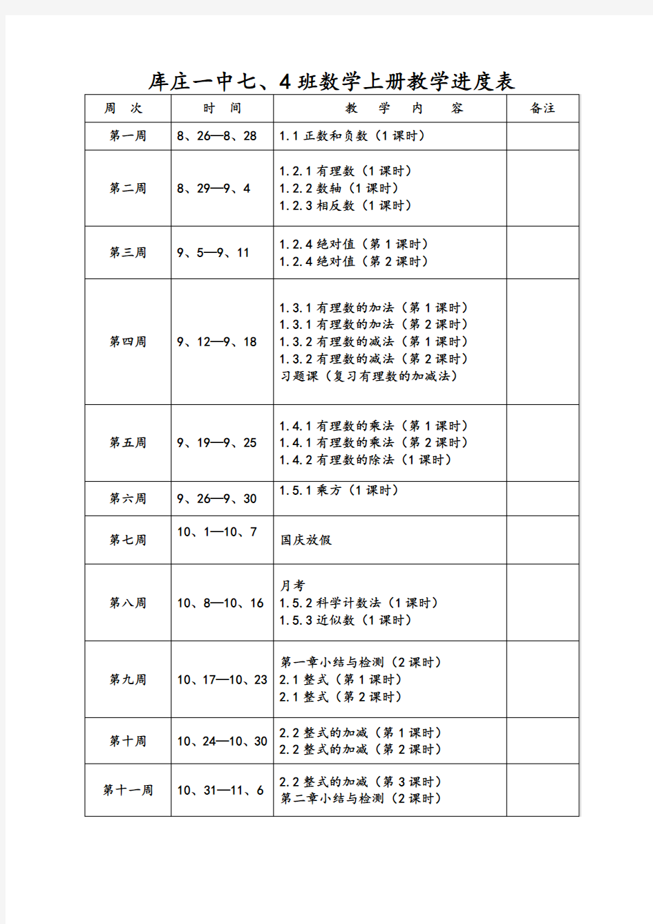 七年级数学上册教学进度表