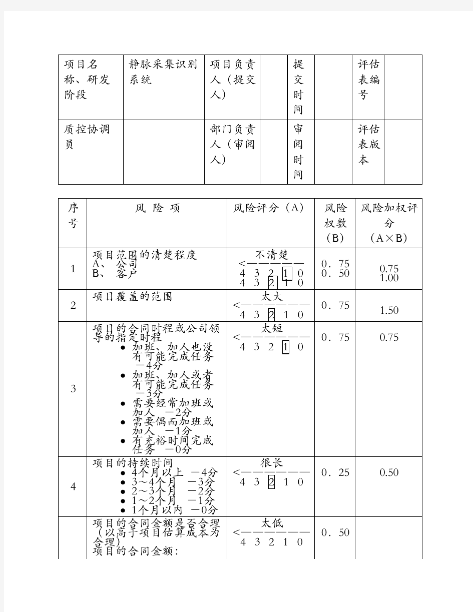 项目风险评估表