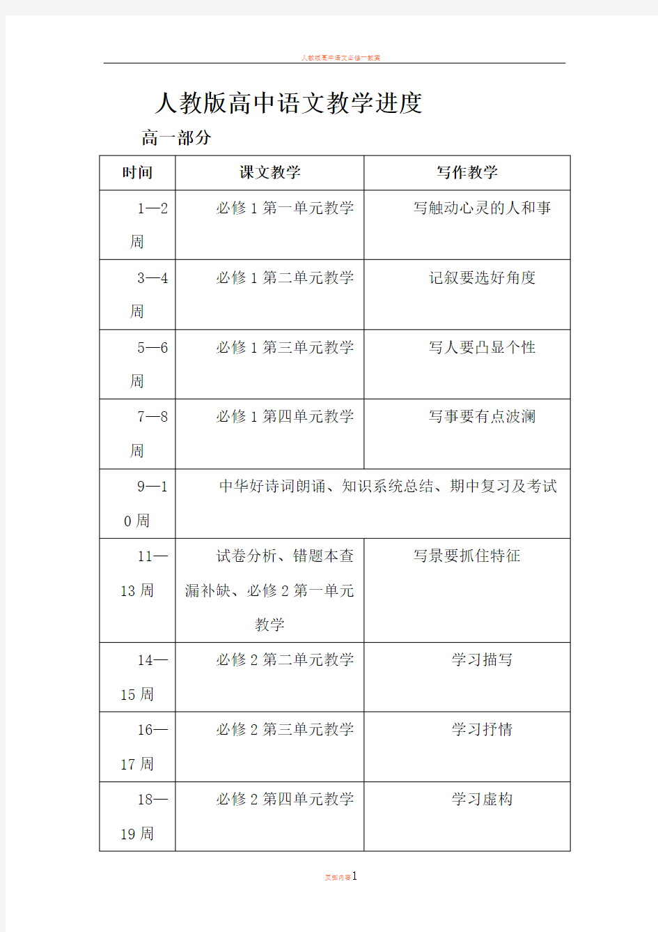 人教版高中语文教学进度