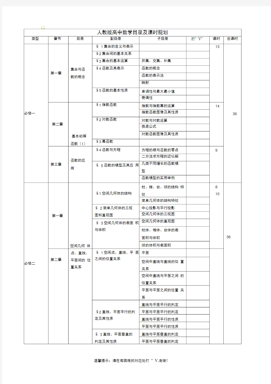 人教版高中数学目录及课时安排