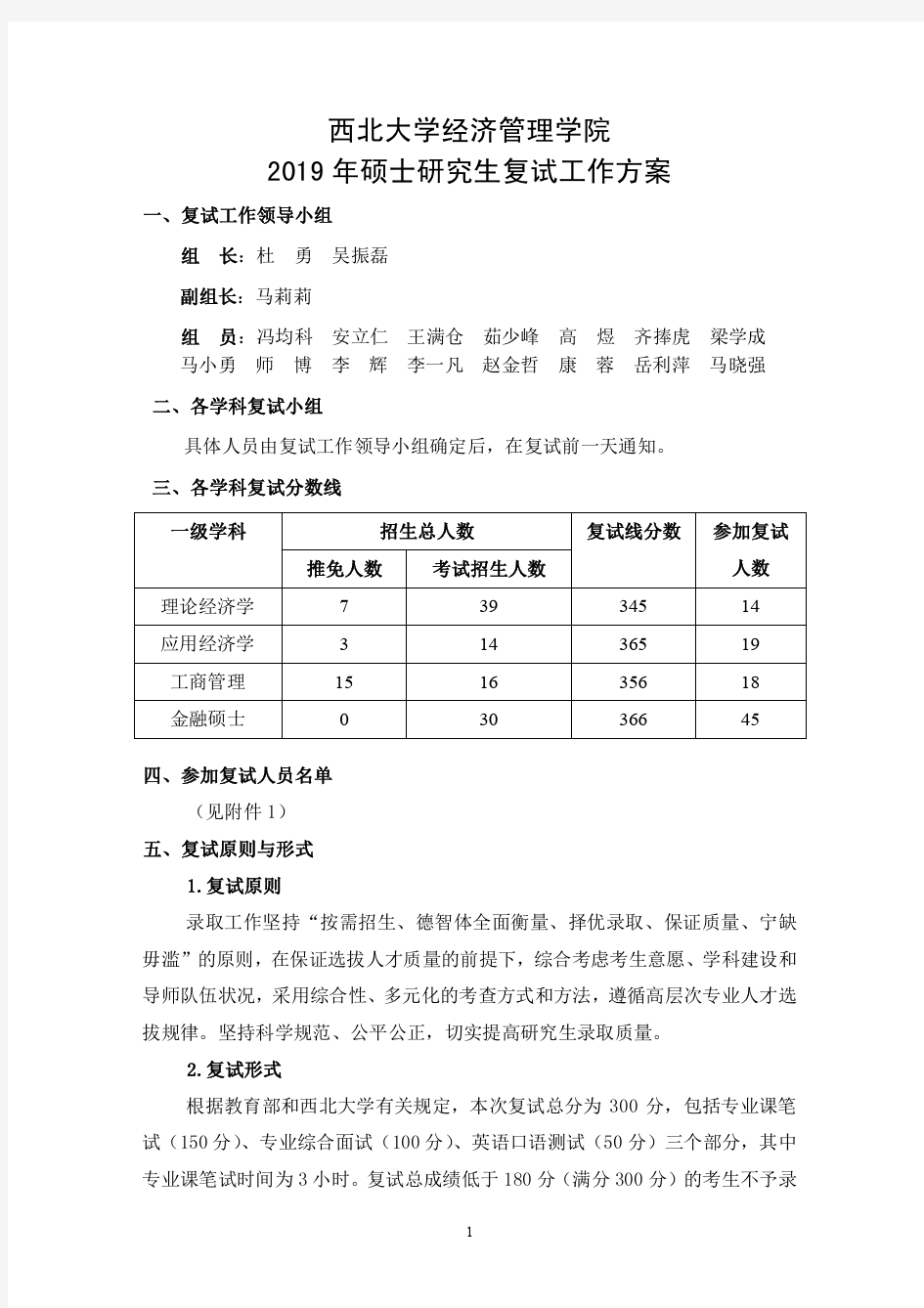 西北大学经济管理学院2019年硕士研究生复试工作方案