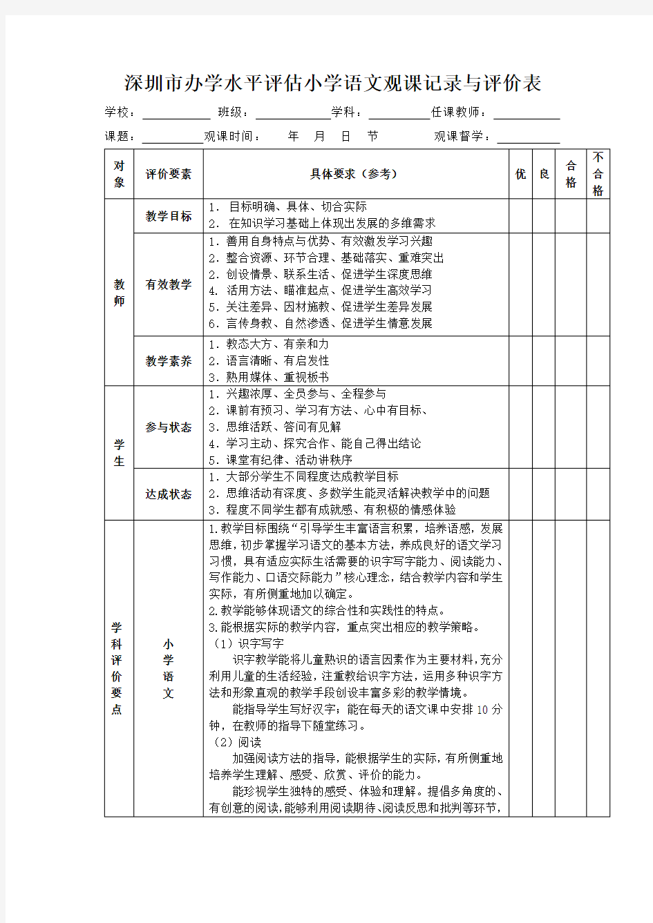 小学语文观课记录表观课记录与评价表(语文)