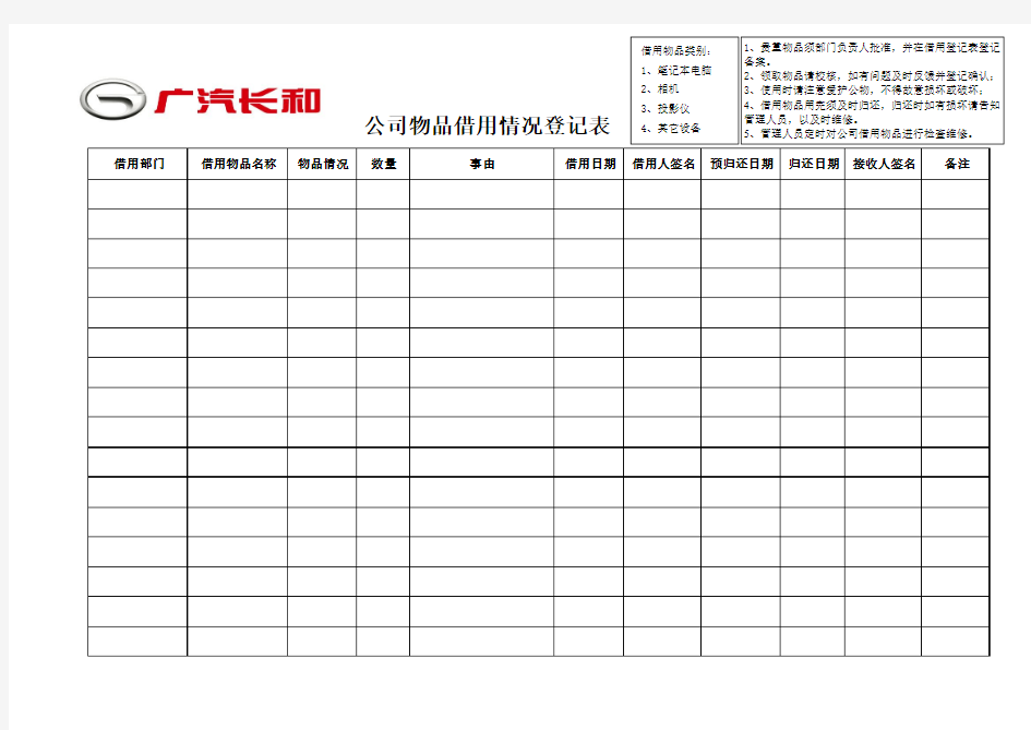 公司物品借用情况登记表