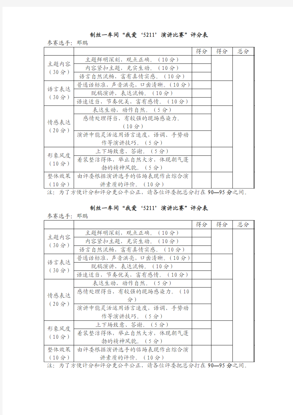 演讲比赛评分表