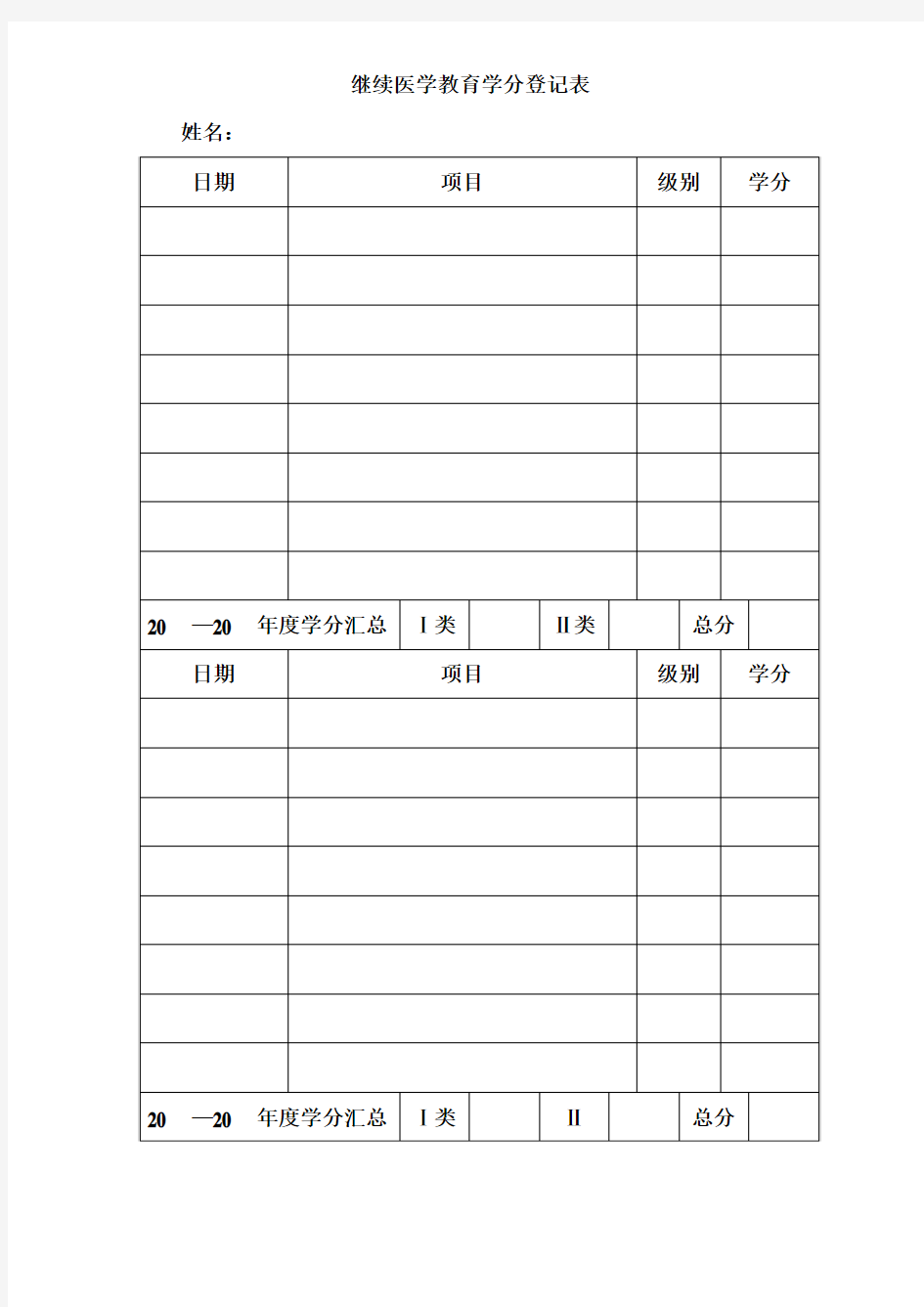 继续医学教育学分登记表