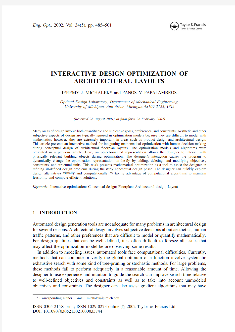 Interactive design optimization of architectural layouts. Engineering Optimization (this is