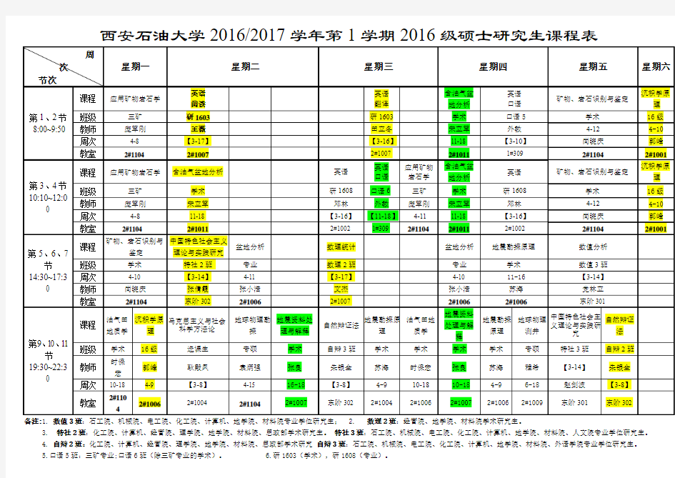 2016-2017学年第一学期硕士研究生课程表