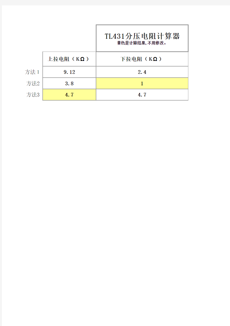 TL431分压电阻计算器(Excel版)