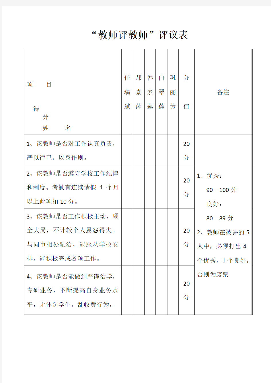 教师评教师评议表