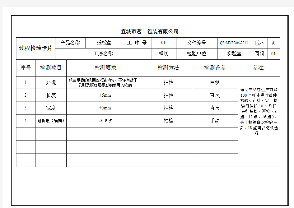 纸餐盘工序检验卡片