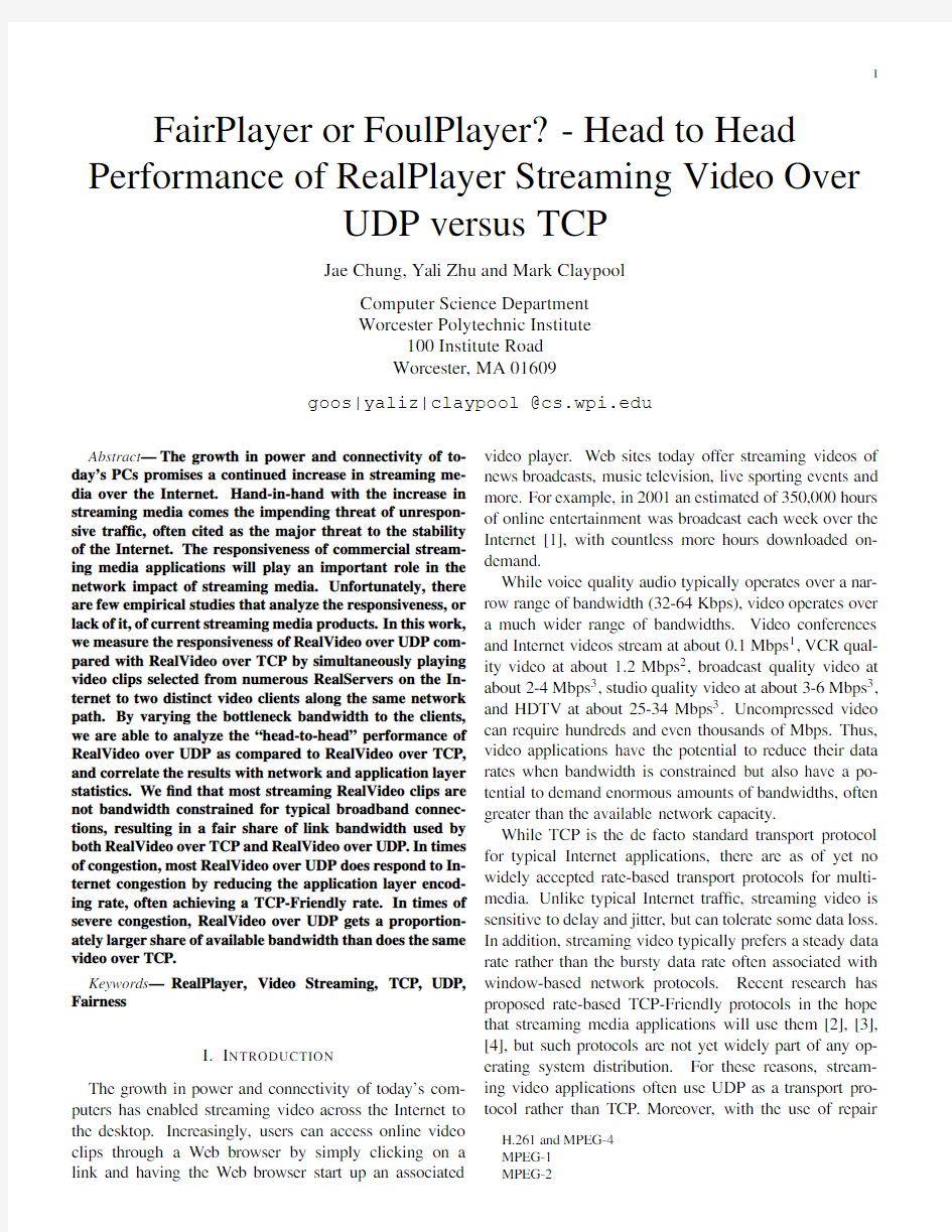 Performance of RealPlayer Streaming Video Over