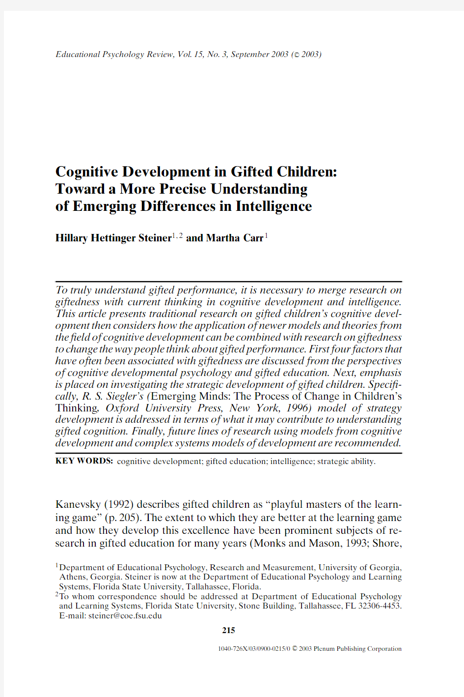 Cognitive development in gifted children