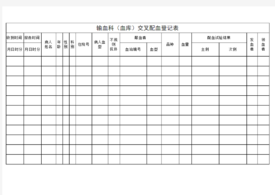 输血科(血库)交叉配血登记表