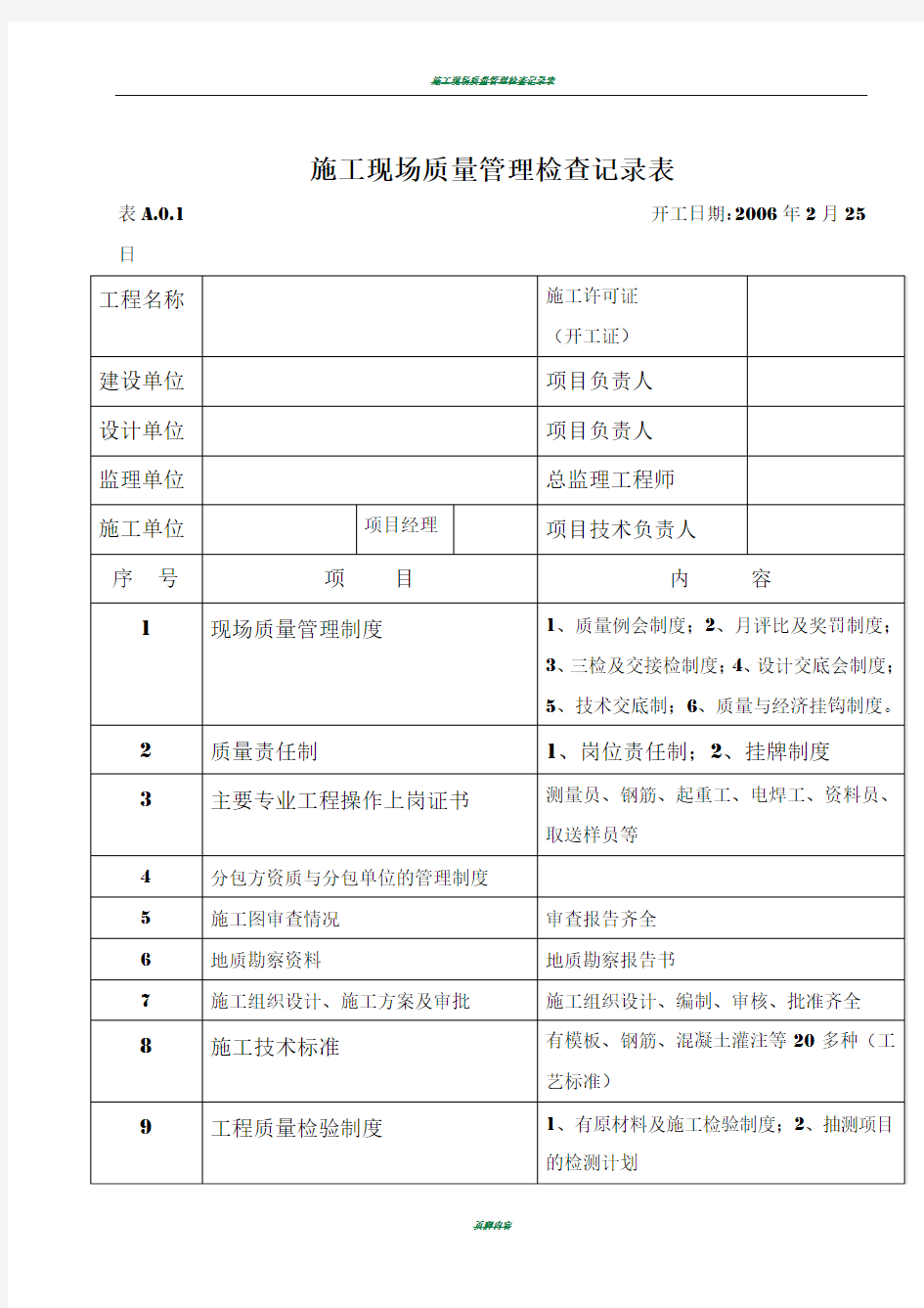 施工现场质量管理检查记录表13148