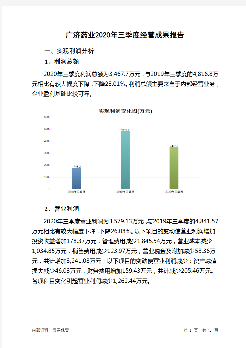 广济药业2020年三季度经营成果报告