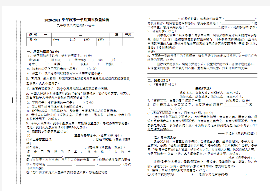 新人教版-九年级语文期末试卷及答案