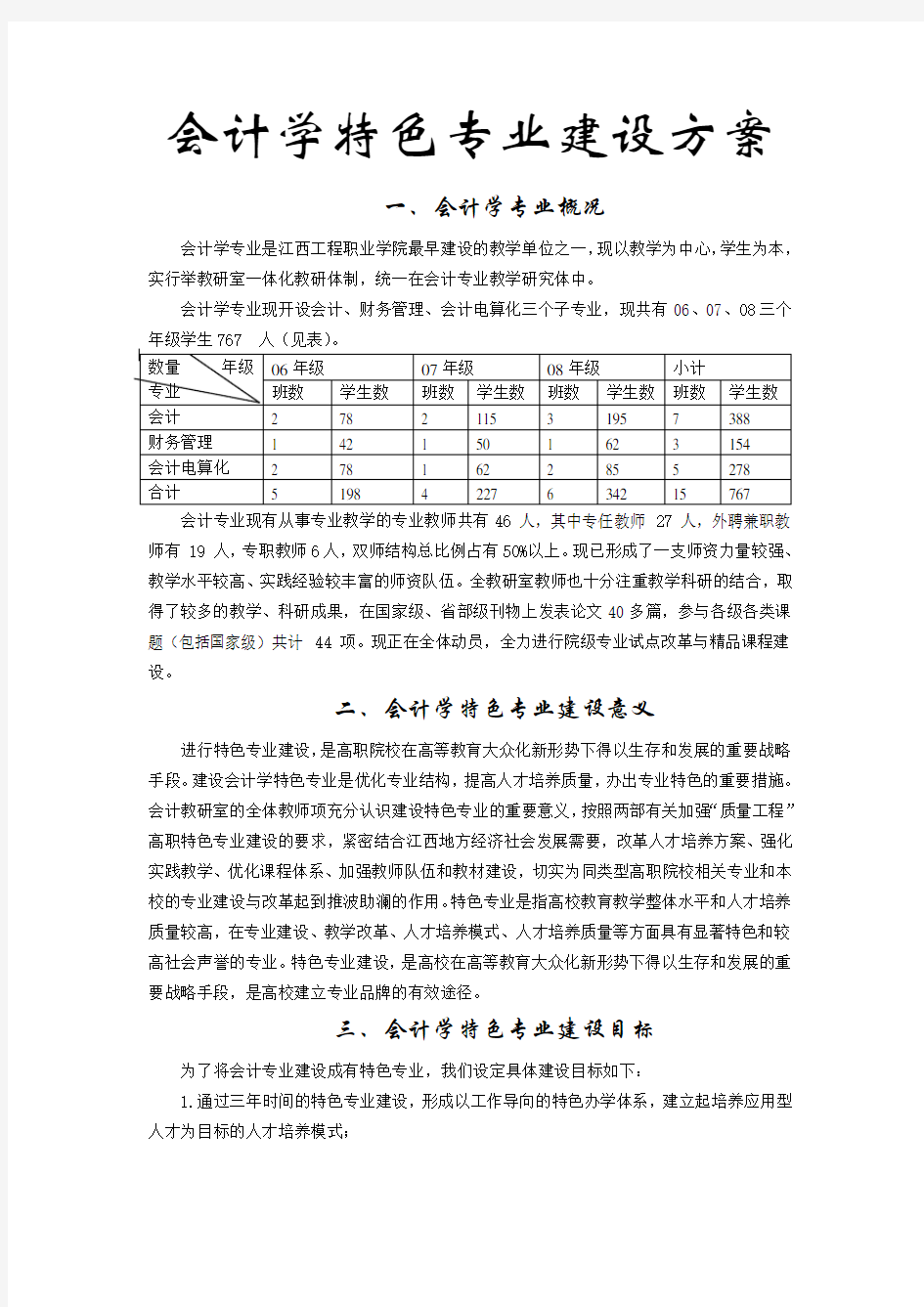 会计学特色专业建设方案