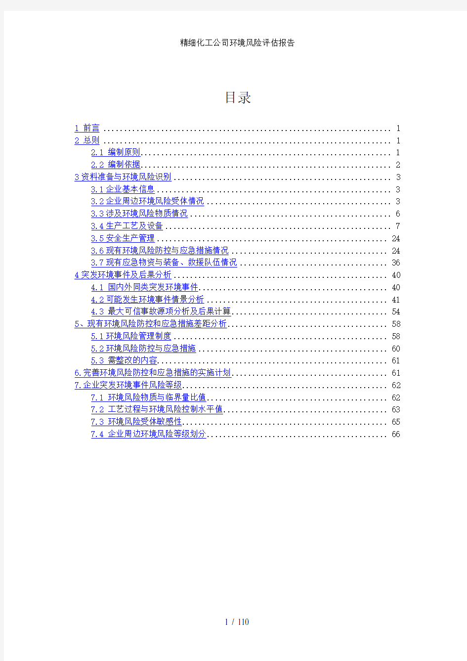 精细化工公司环境风险评估报告