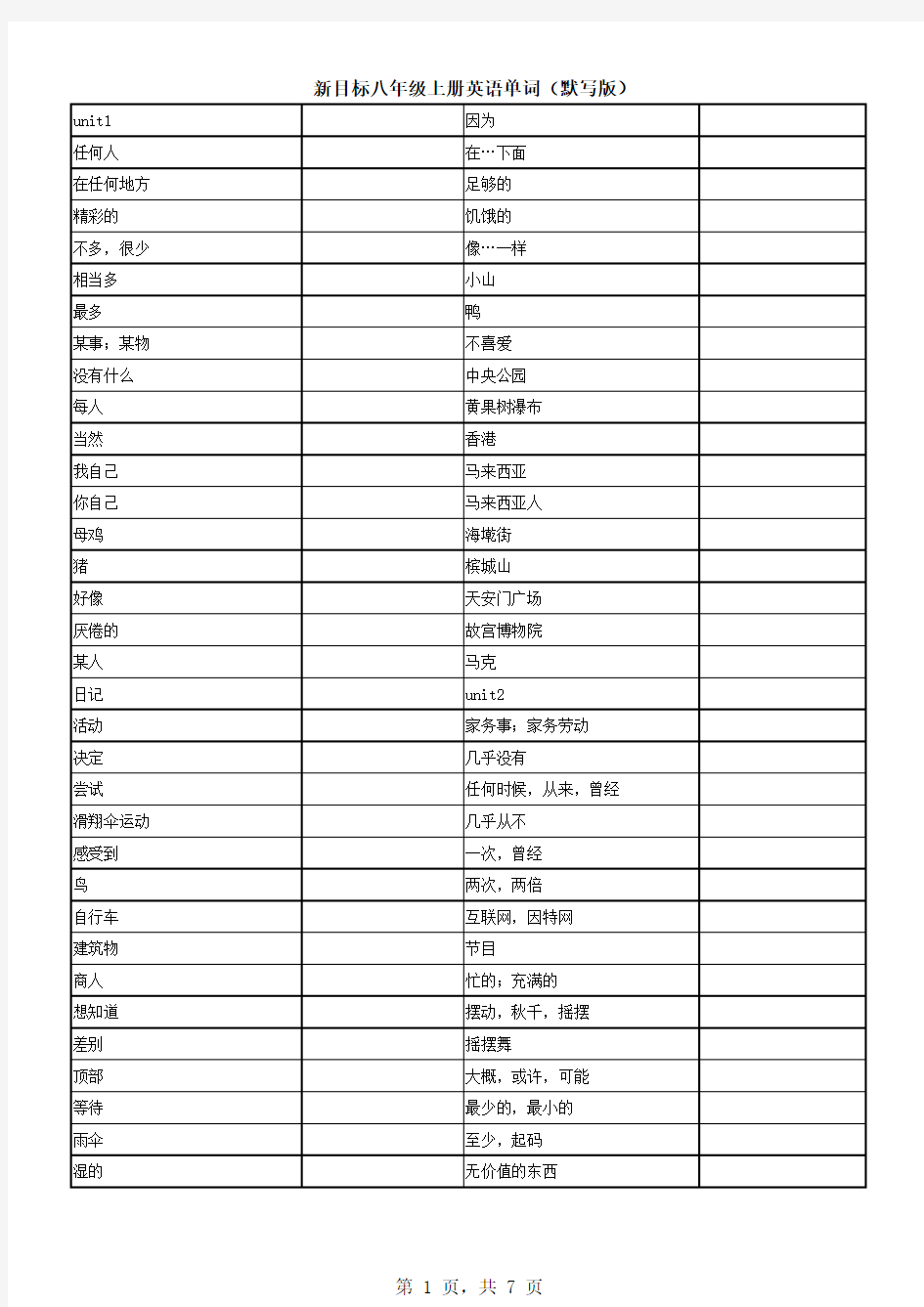 八年级上册单词表(默写版)