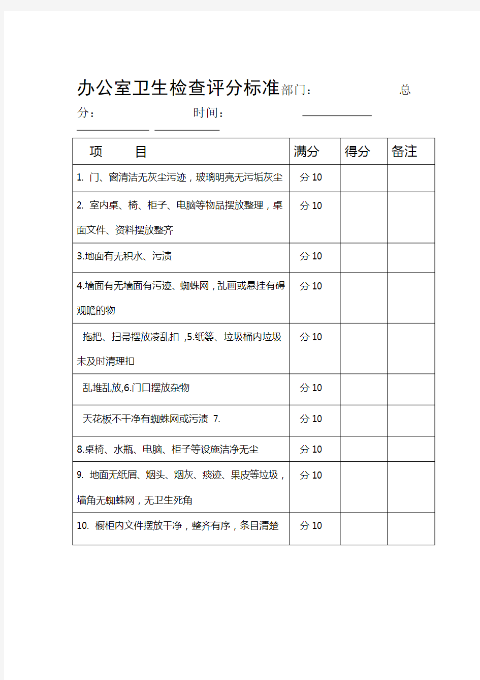 办公室卫生检查评分标准