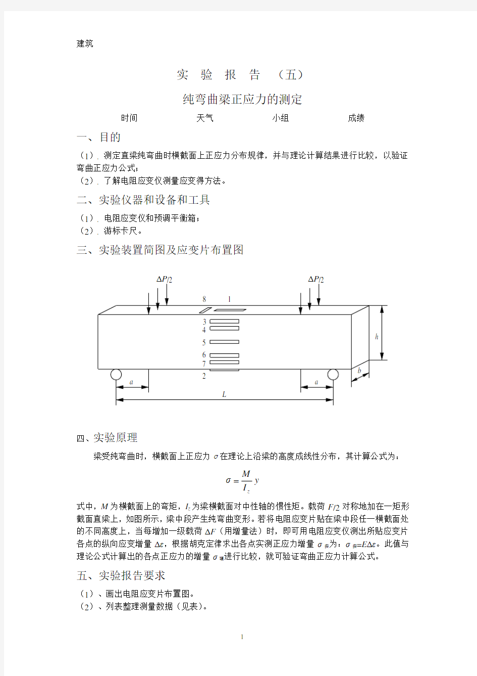 纯弯曲梁正应力的测定