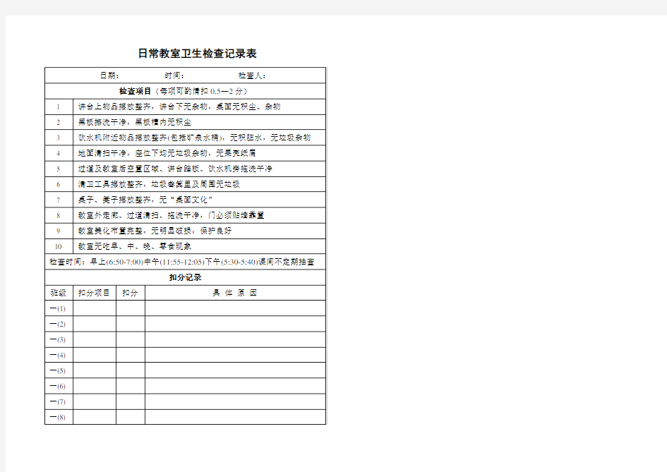 日常教室卫生检查记录表