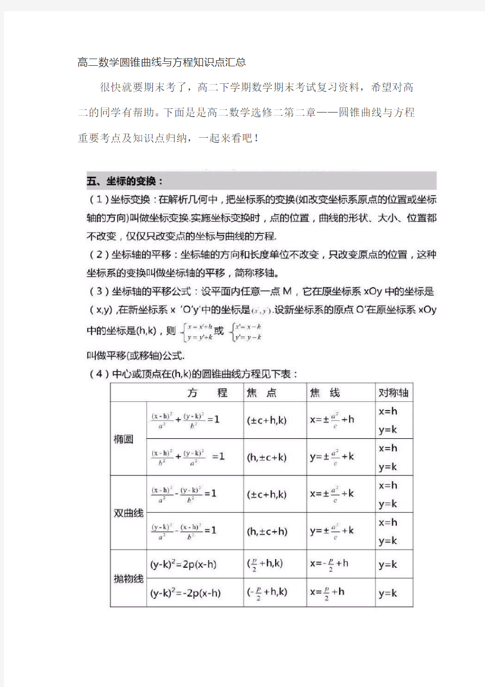 高二数学圆锥曲线与方程知识点汇总