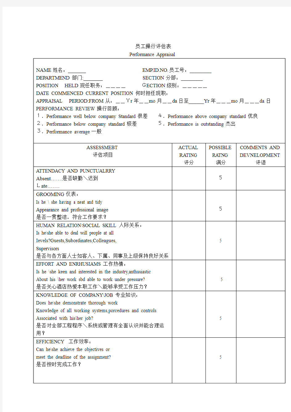 酒店员工评估表 精品