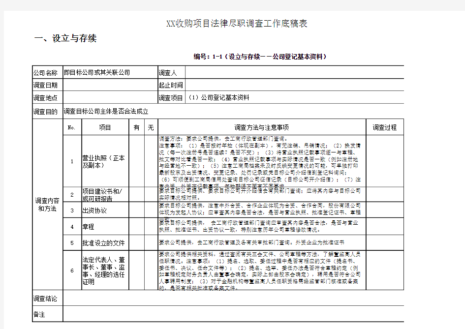 项目公司并购法律尽职调查工作底稿表