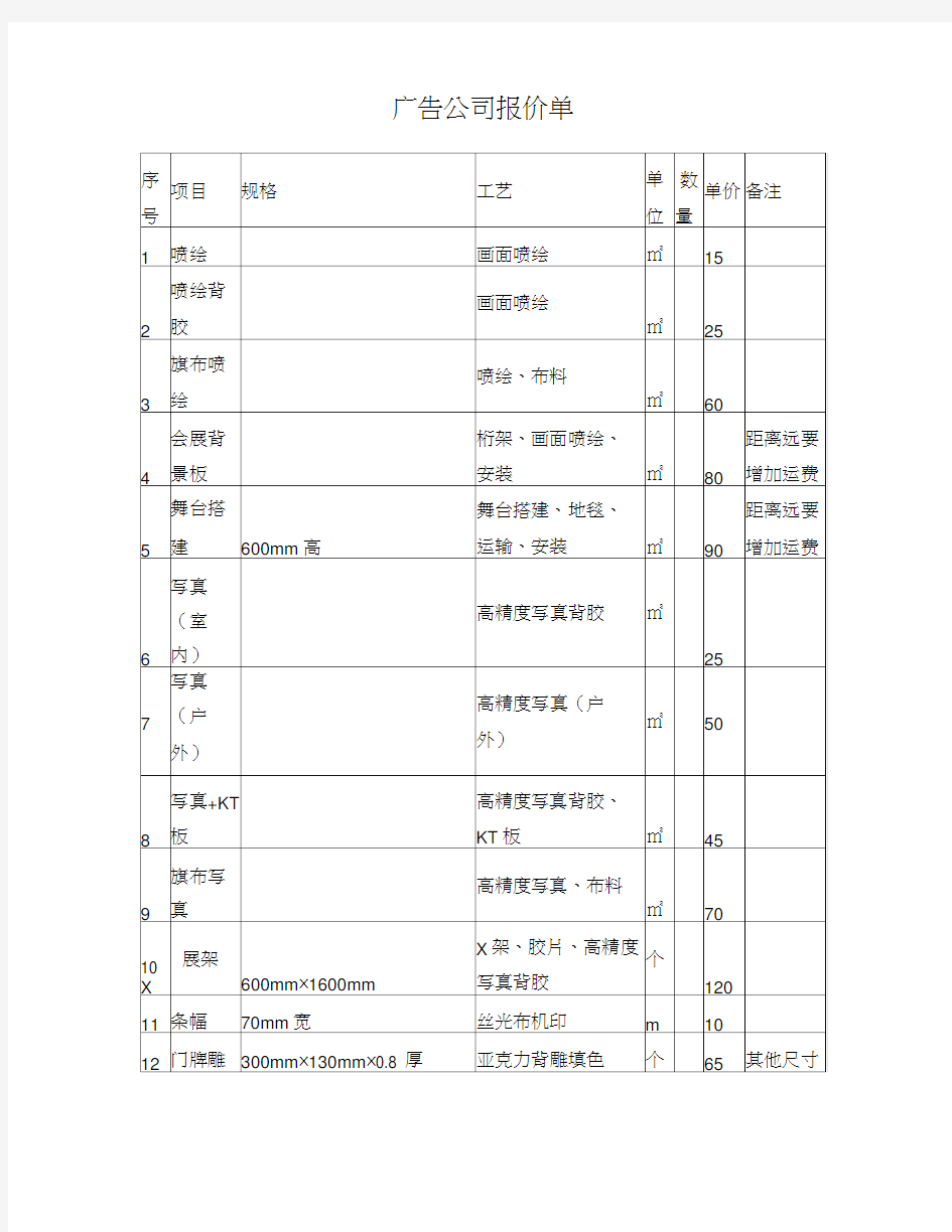 广告公司报价单