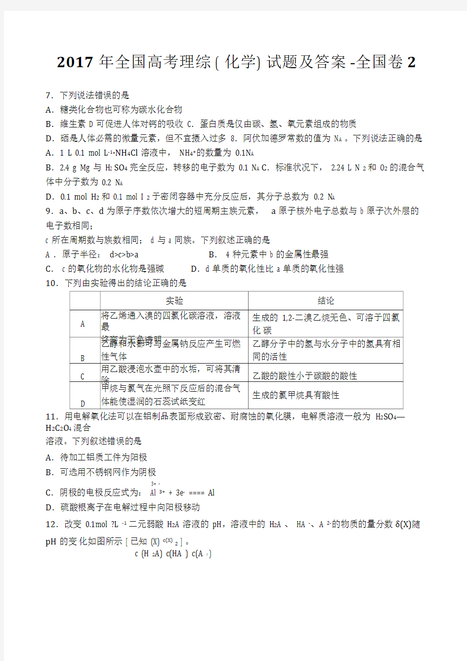 2017年全国高考理综(化学)试题及标准答案全国卷2