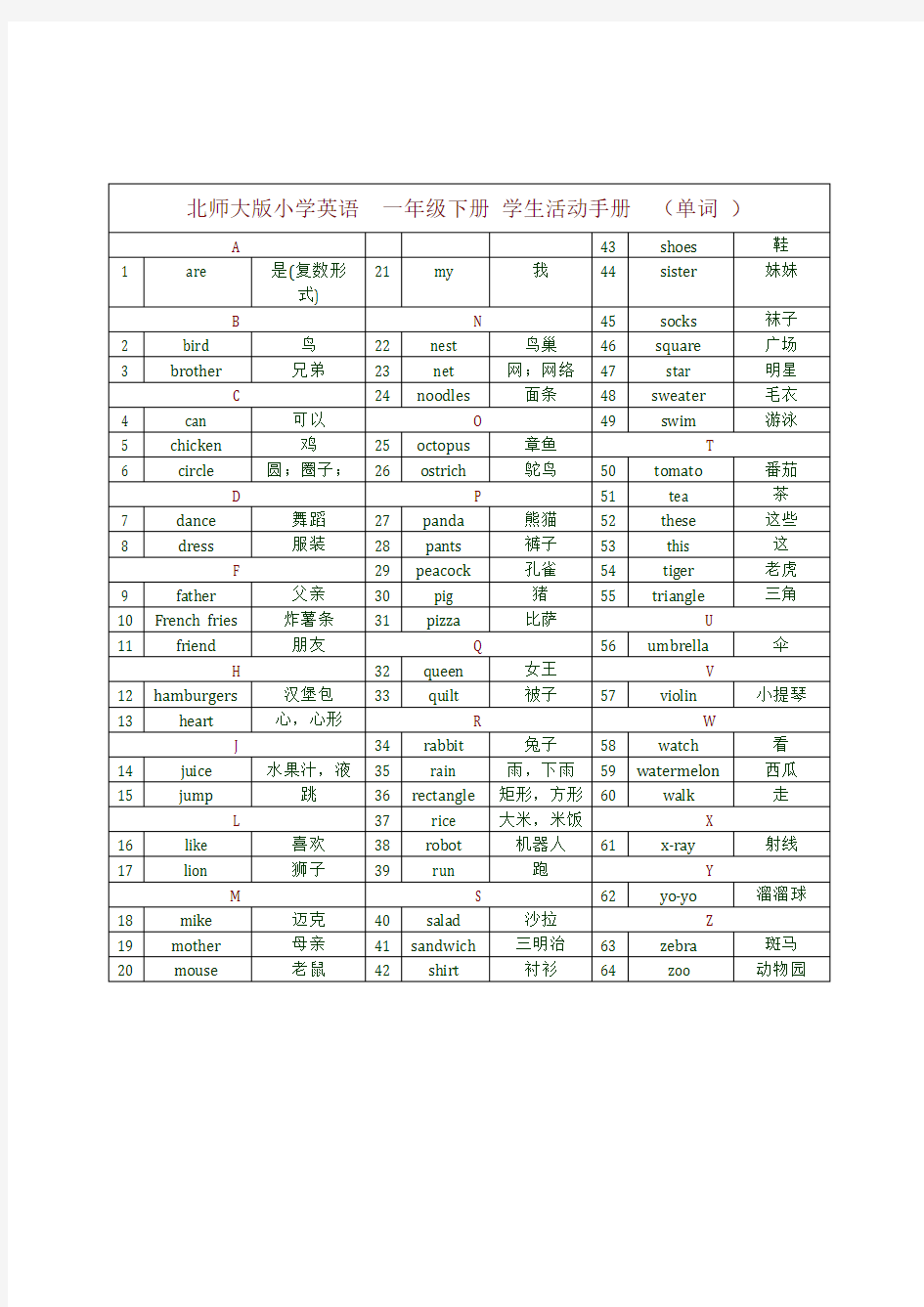 北师大版小学一至六册全部英语单词