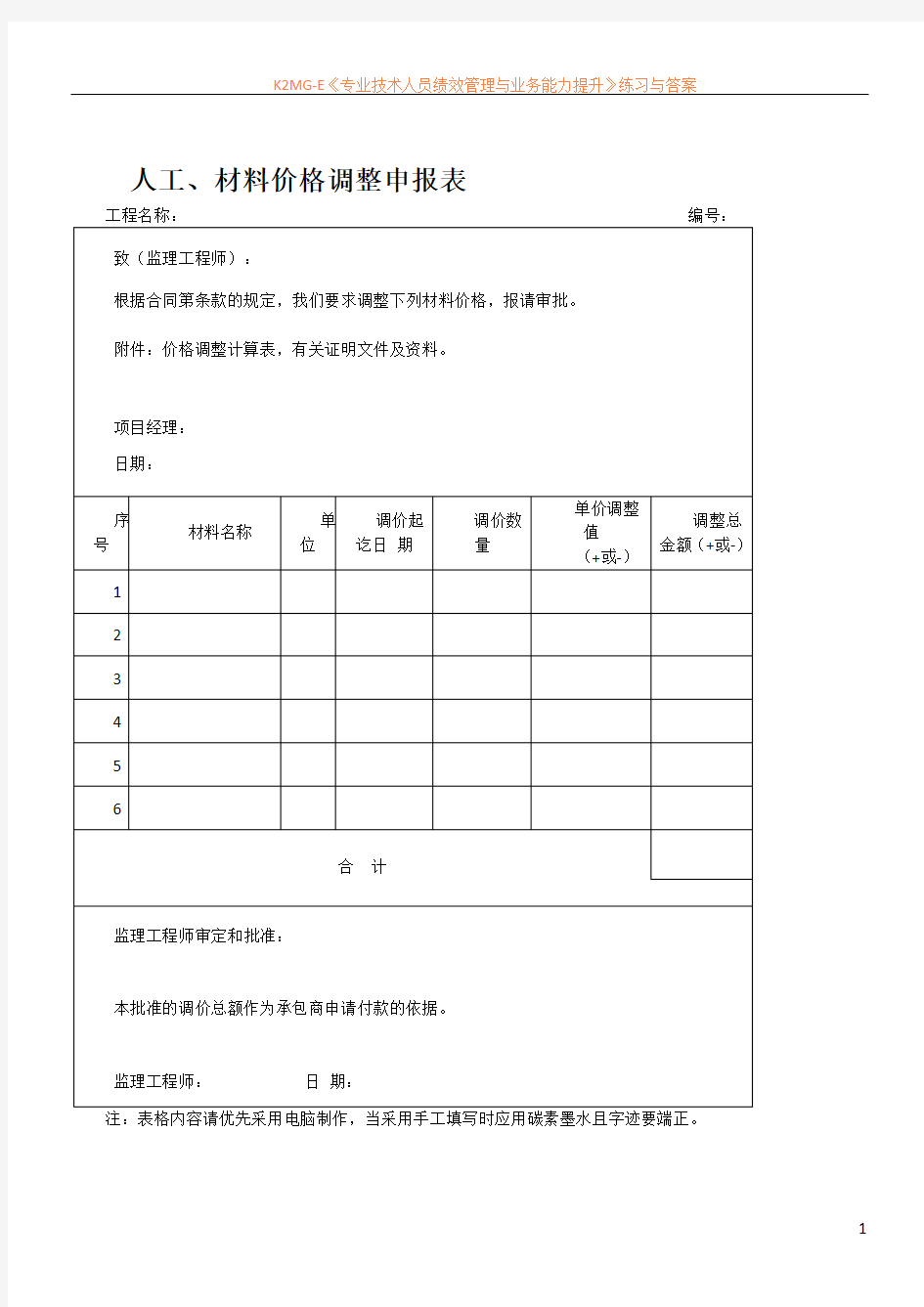 人工、材料价格调整申报表