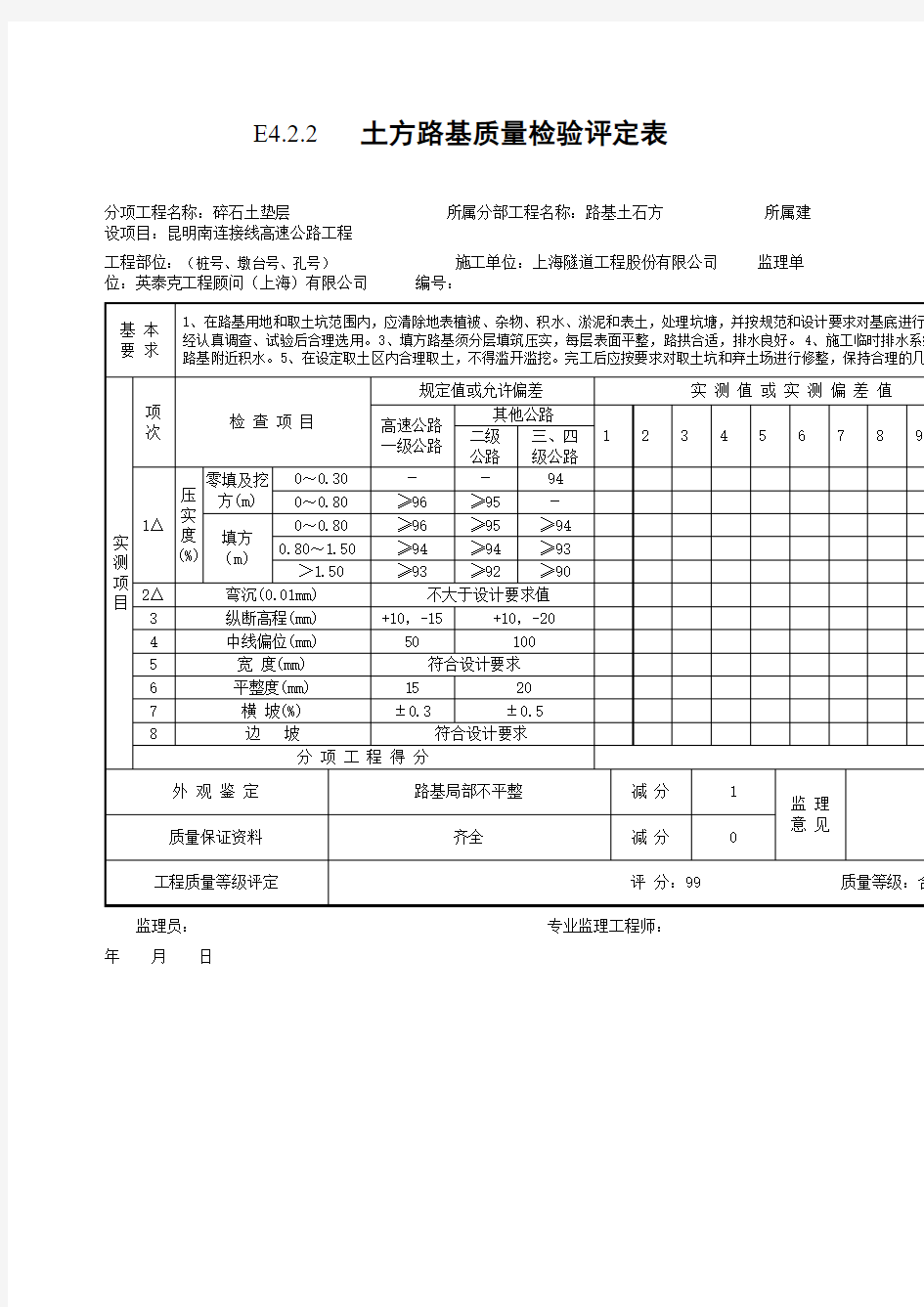 路基土石方工程质量检验评定表