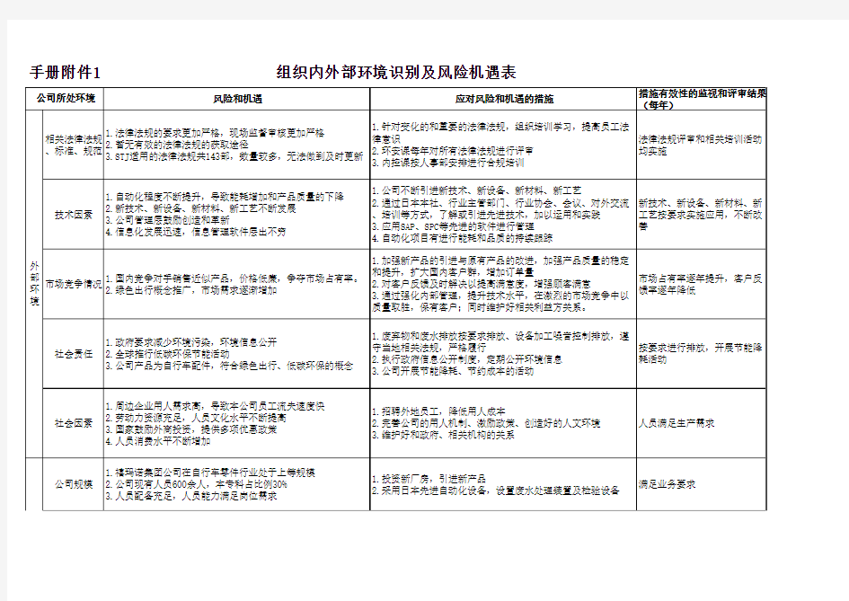 组织内外部环境识别及风险机遇表