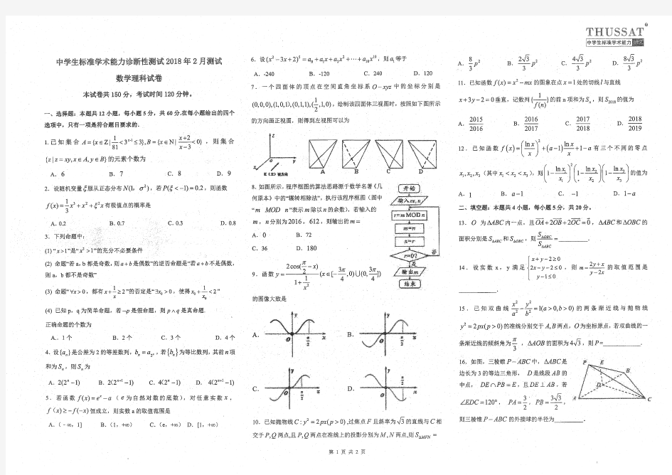 2018清华大学中学生学术能力标准测试理科数学试题及答案