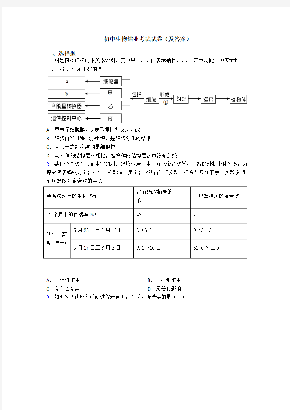 初中生物结业考试试卷(及答案)