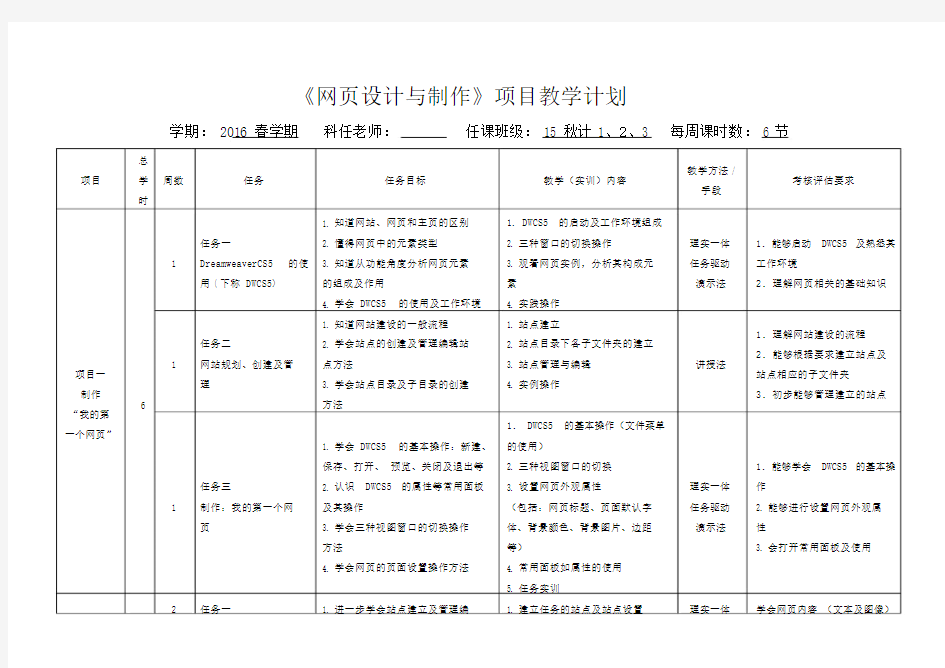 (完整版)《网页设计与制作》项目教学计划表.doc