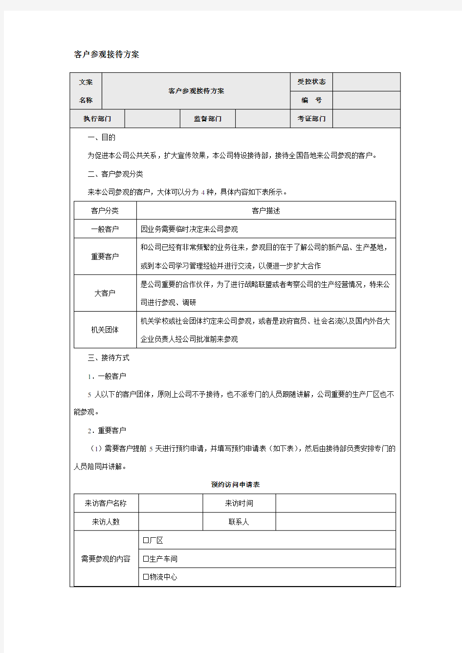 客户参观接待方案Word