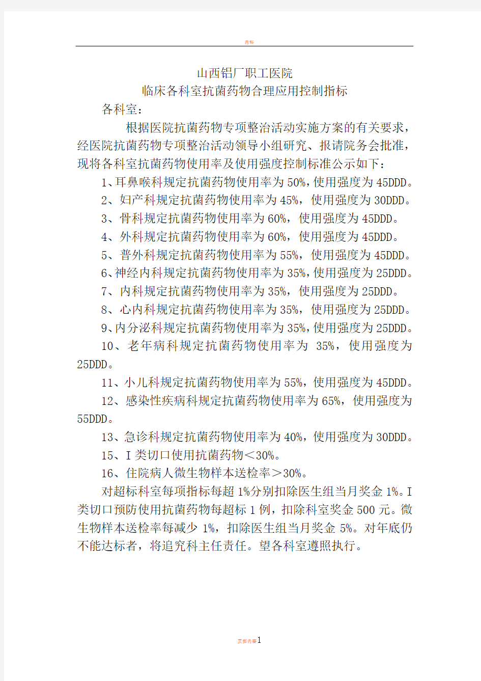 临床各科室抗菌药物合理应用控制指标