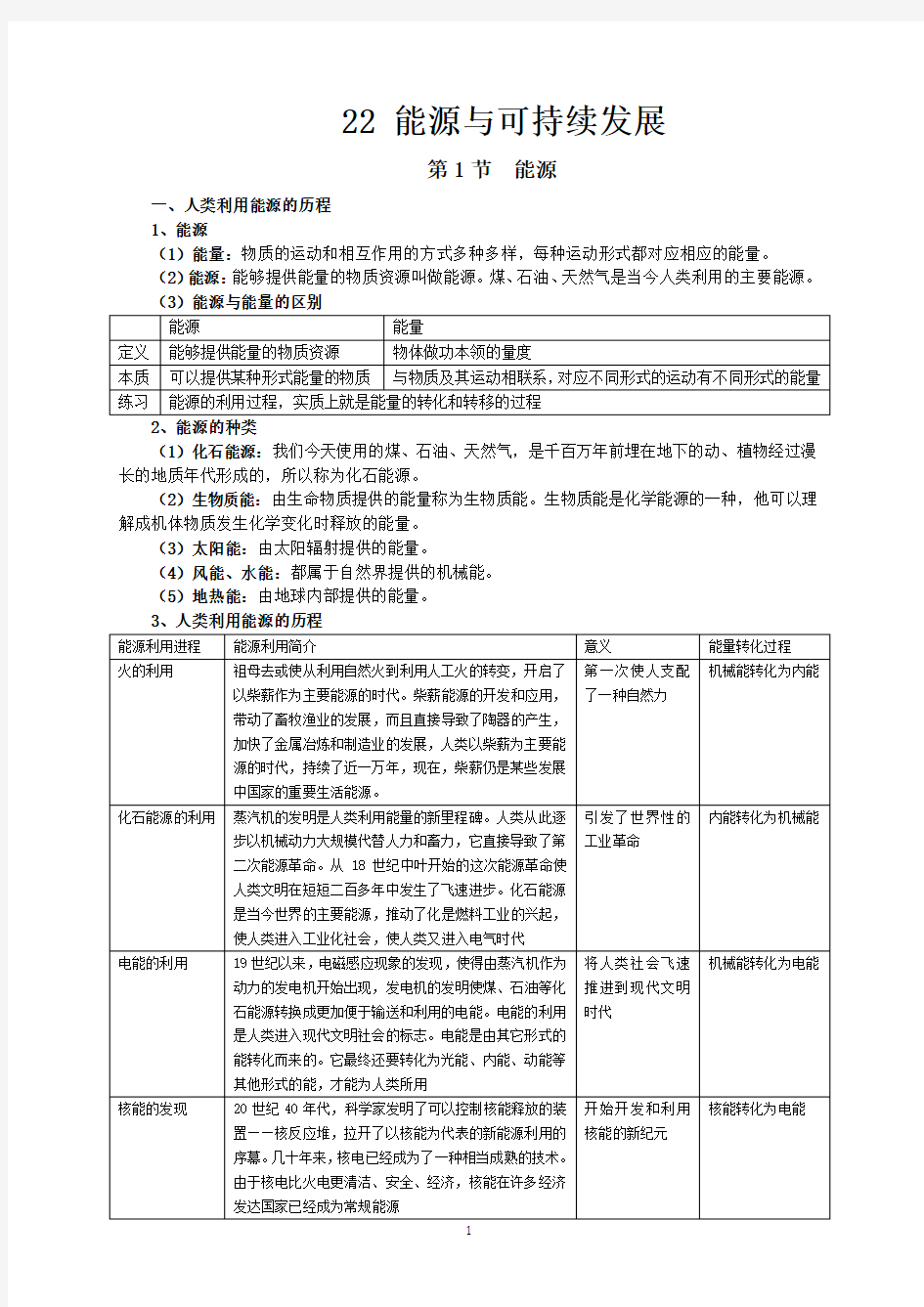 (完整版)新人教版九年级物理第22章能源与可持续发展知识点全面总结