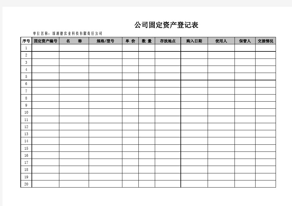 公司固定资产登记表模板