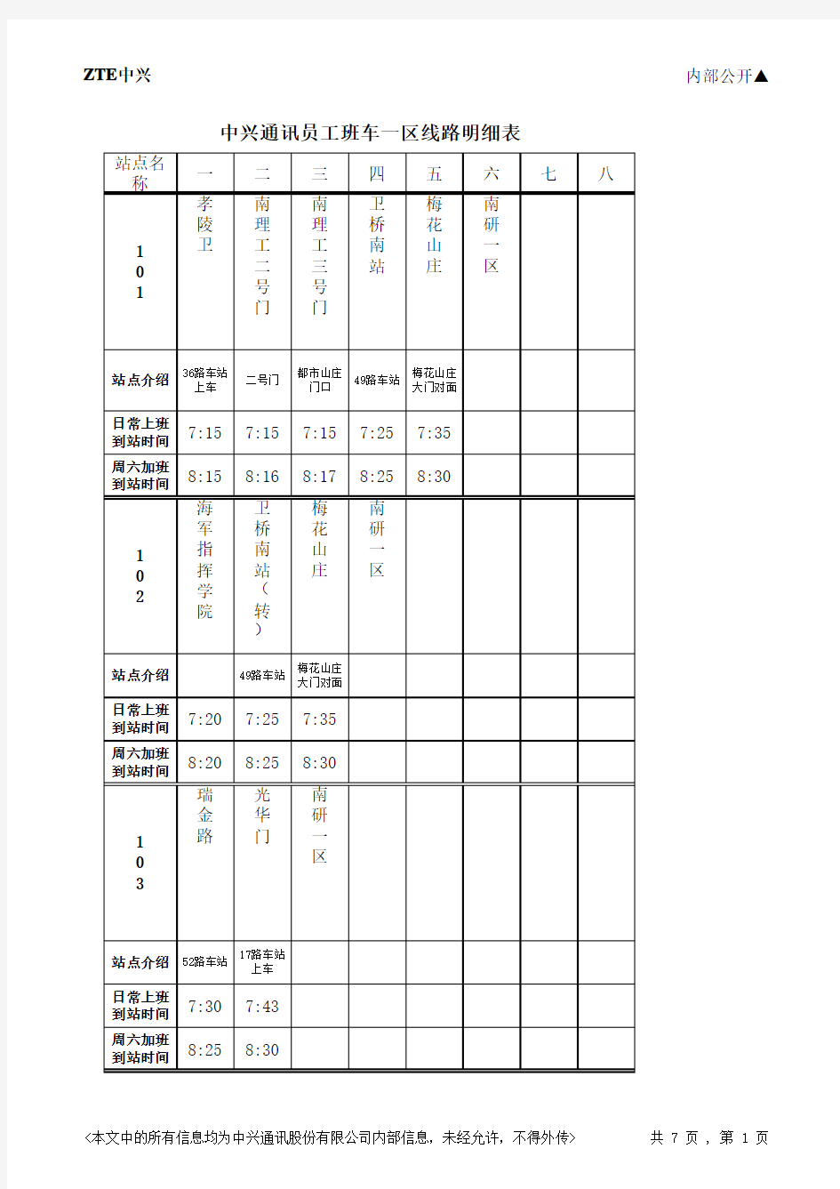 南研分区班车站点明细表