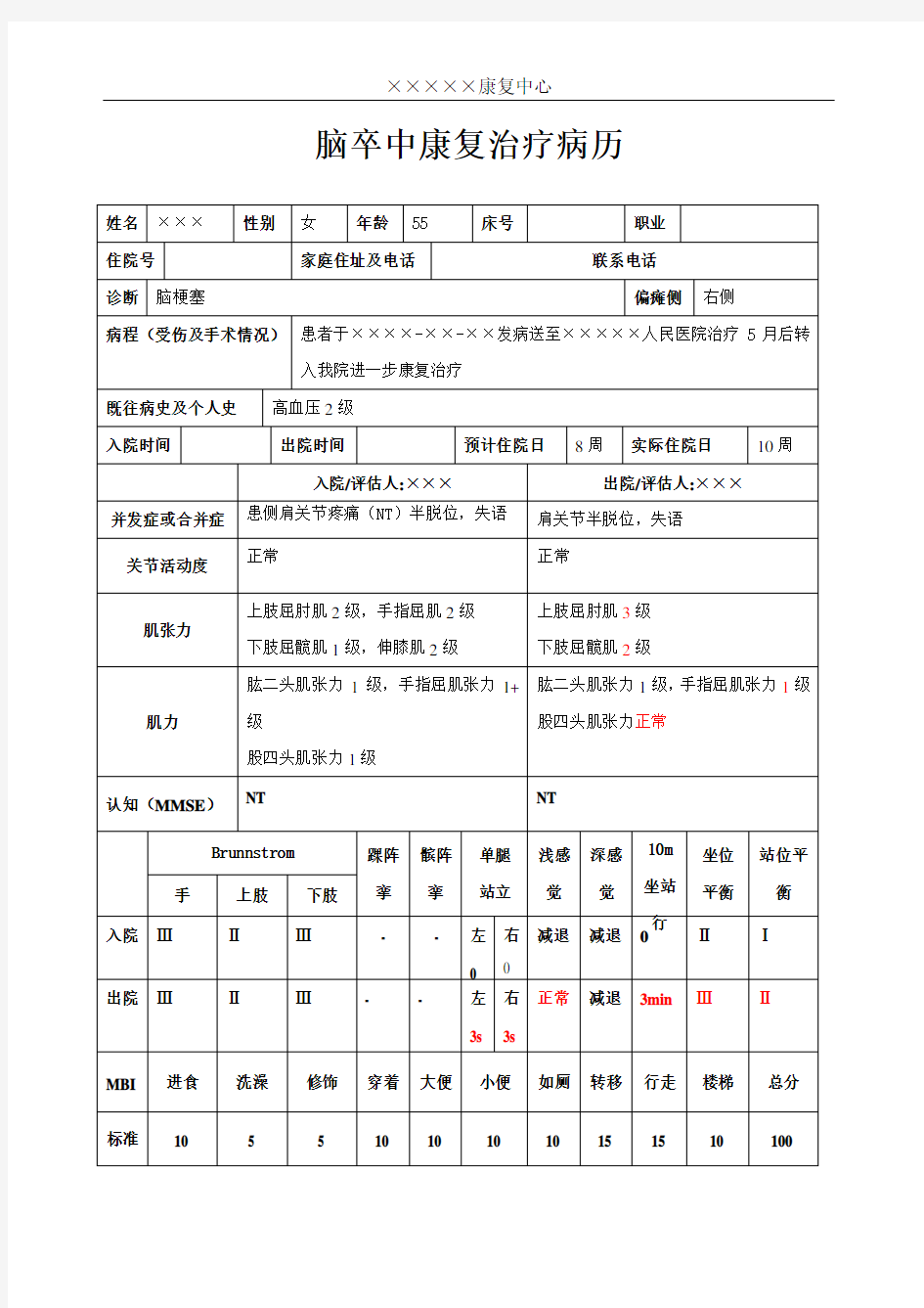 脑卒中康复治疗病历