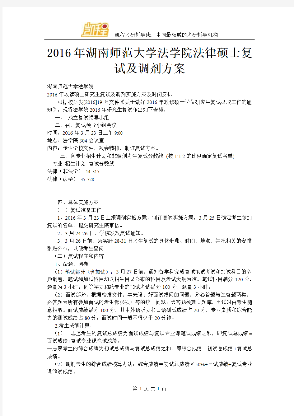 2016年湖南师范大学法学院法律硕士复试及调剂方案