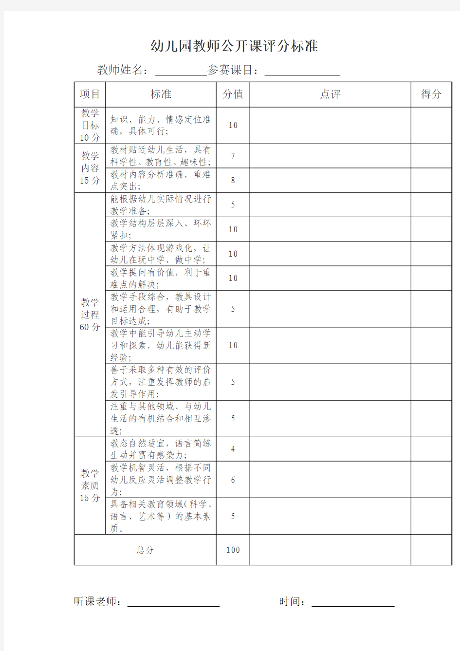 幼儿园教师公开课评分标准1