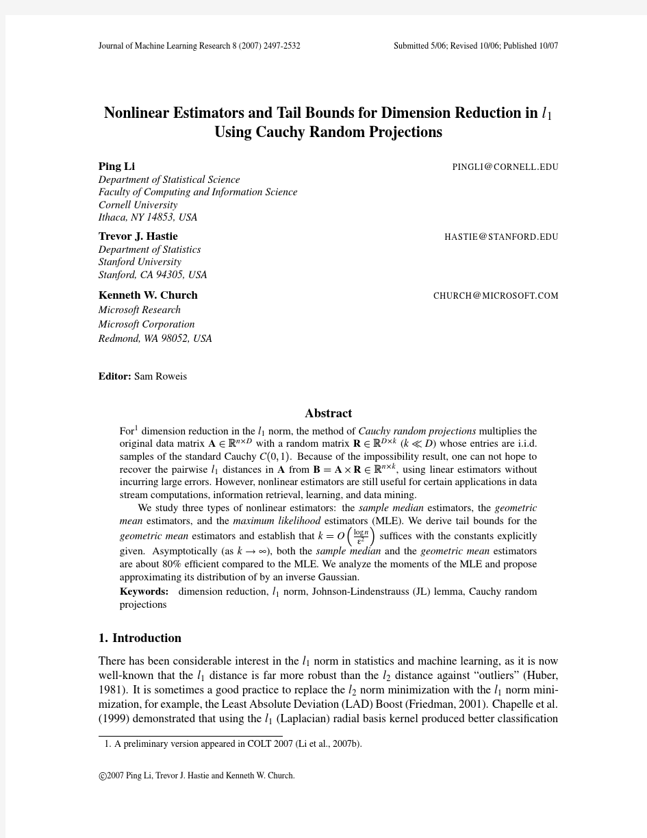 Nonlinear Estimators and Tail Bounds for Dimension Reduction in l1 Using Cauchy Random Proj