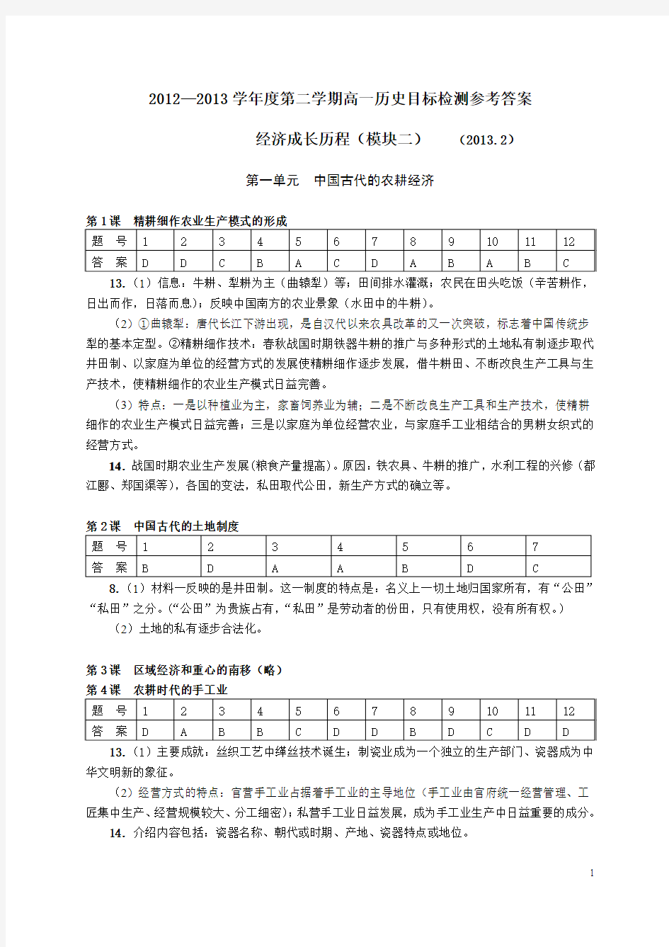 历史必修二目标检测参考答案