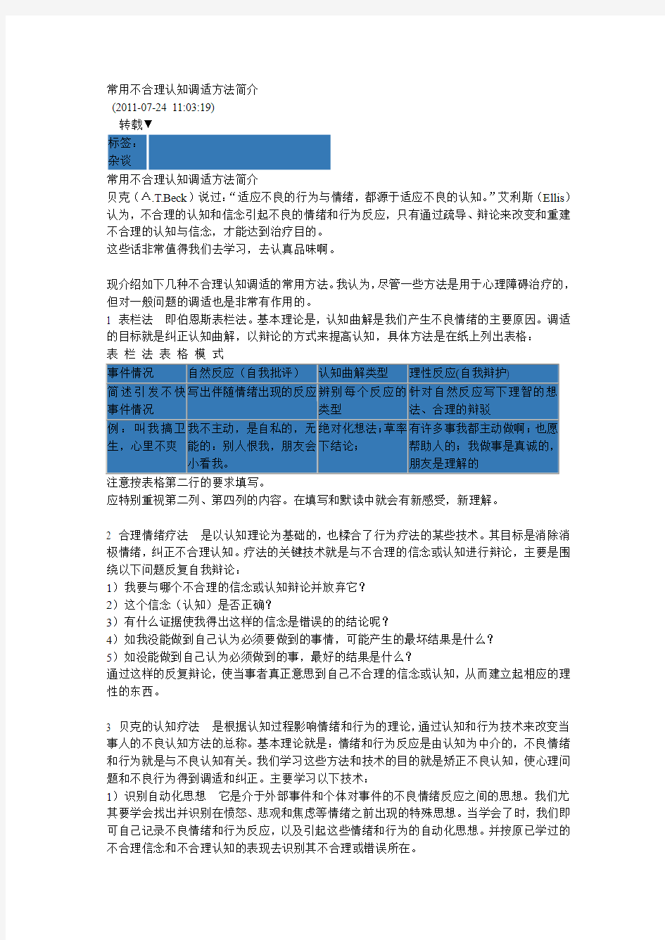 常用不合理认知调适方法简介